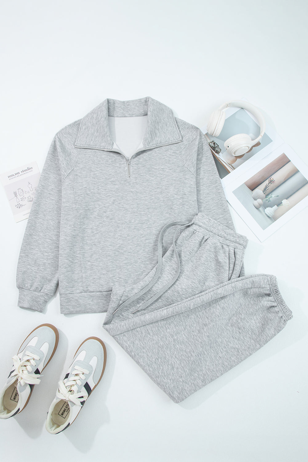 Black zip collar long sleeve top and drawstring pants set by Dear-Lover, stylish two-piece casual outfit for women.