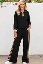 Striped patchwork quarter-zip pullover and loose pant set from Dear-Lover, black two-piece polyester viscose elastane fabric.