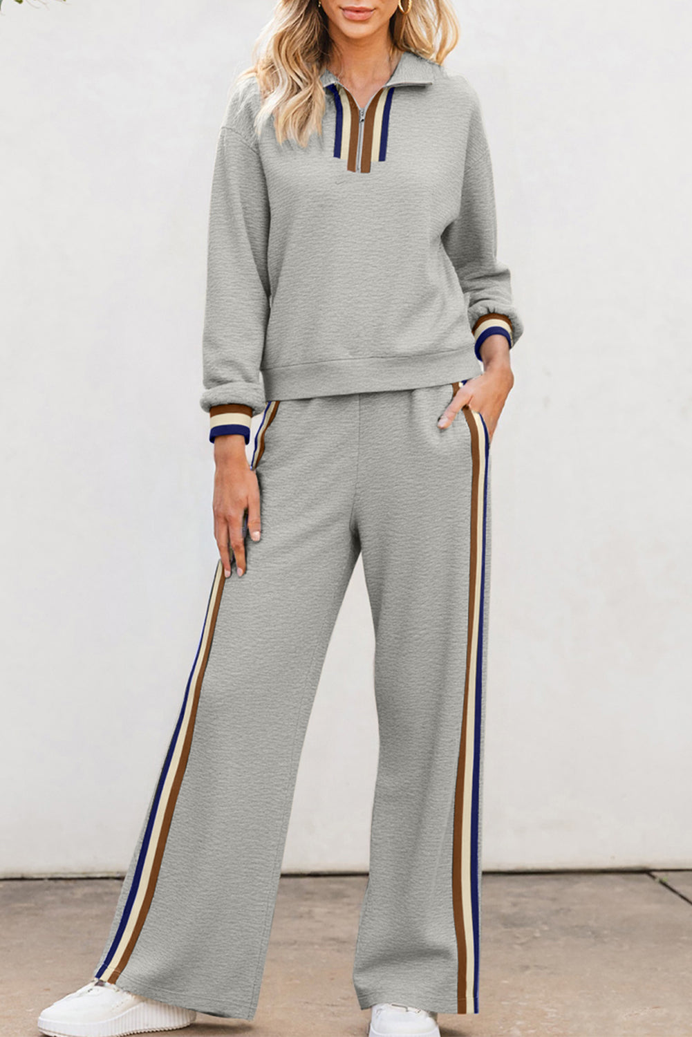 Striped patchwork quarter zip pullover and loose pants set from Dear-Lover in black, made of polyester, viscose, and elastane.