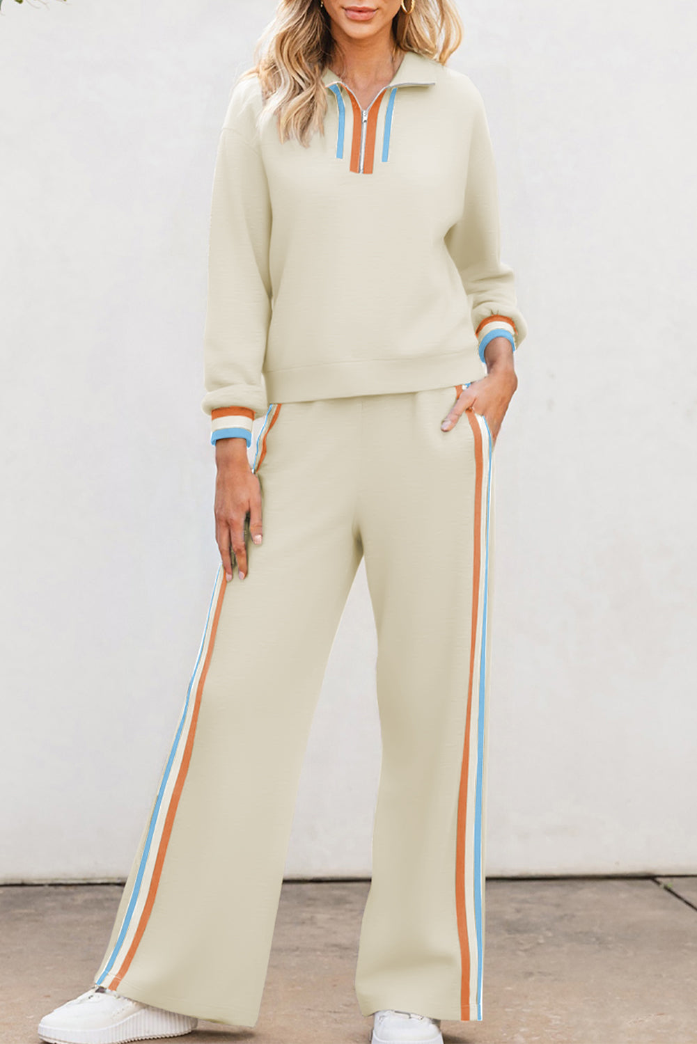 Striped patchwork quarter zip pullover and loose pants set by Dear-Lover Dropshipping, black polyester and viscose two-piece outfit.