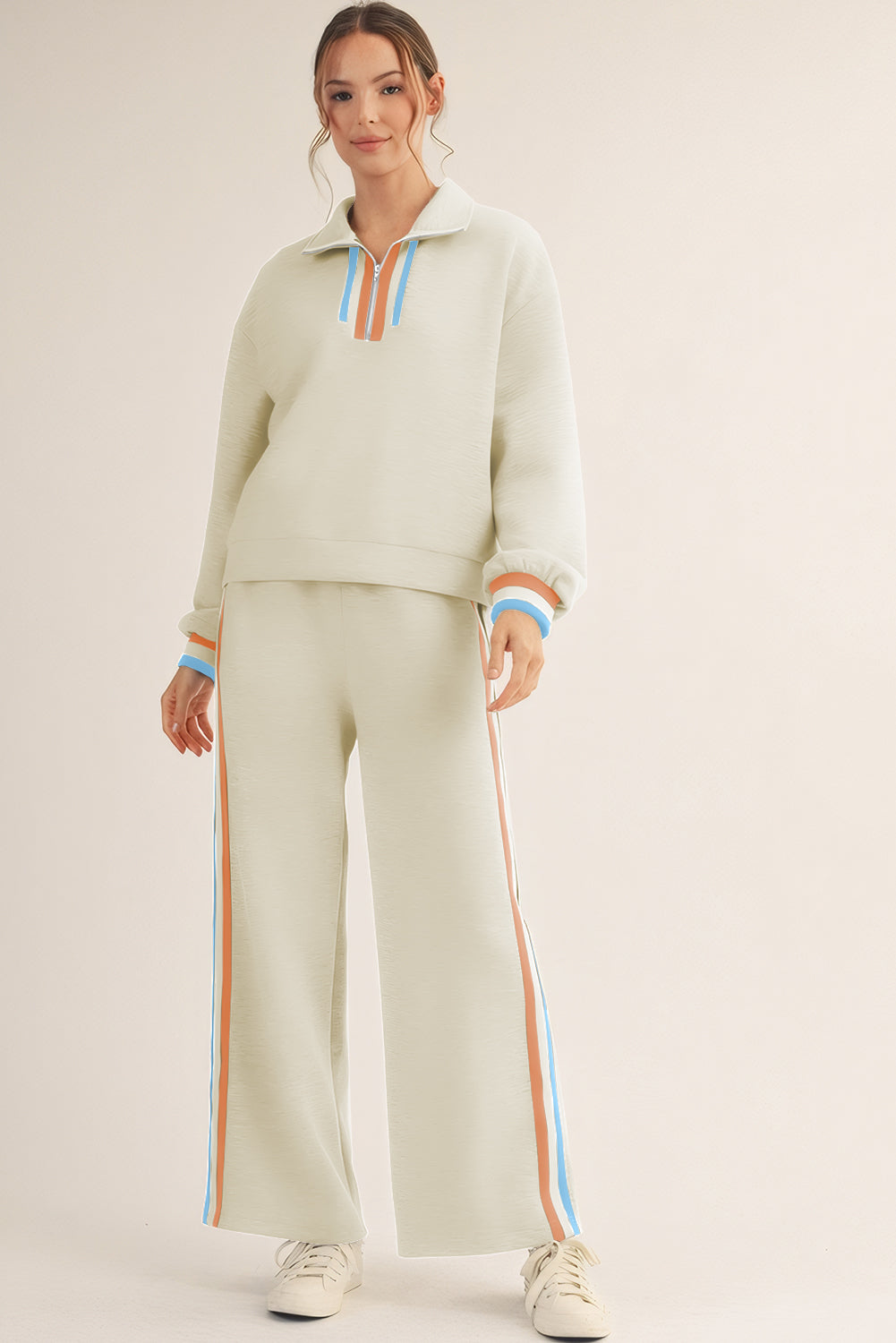 Striped patchwork quarter-zip pullover and loose pants set by Dear-Lover, stylish two-piece polyester-viscose blend in black.