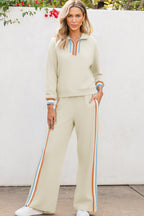 Striped patchwork quarter zip pullover and loose pants set by Dear-Lover, two-piece black polyester-viscose-elastane fabric.