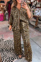 Brown leopard print collared 3/4 sleeve shirt with loose pants two-piece set from Dear-Lover, made of polyester.