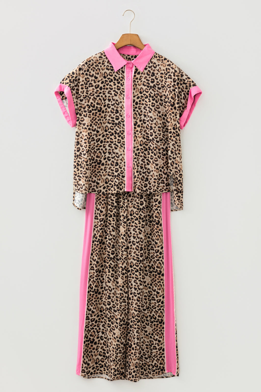 Brown leopard print top and pant set by Dear-Lover, two-piece set with contrast trim, made from soft viscose fabric.