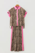 Brown leopard print top and pant set by Dear-Lover, two-piece set with contrast trim, made from soft viscose fabric.