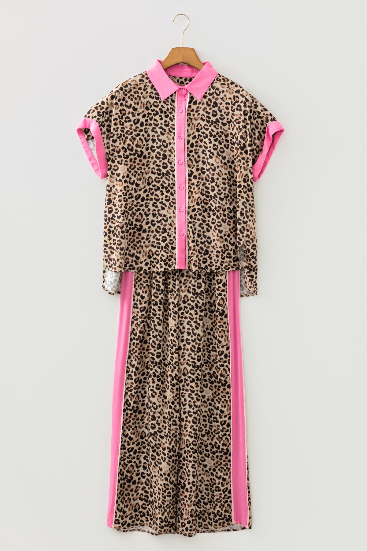 Brown leopard print top and pant set by Dear-Lover, two-piece set with contrast trim, made from soft viscose fabric.