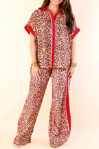 Brown leopard print top and pant set by Dear-Lover, featuring contrast trim, made from 100% viscose, stylish two-piece outfit.