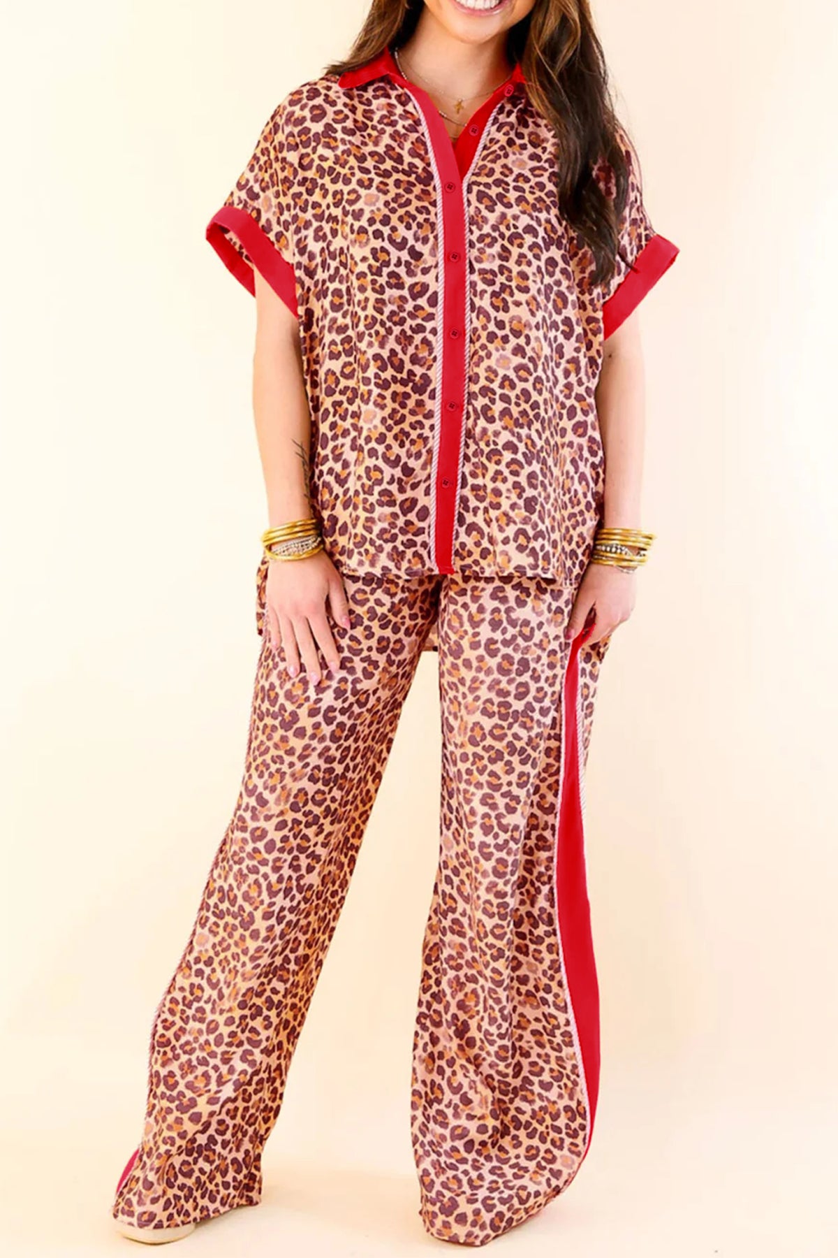 Brown leopard print top and pant set by Dear-Lover, featuring contrast trim, made from 100% viscose, stylish two-piece outfit.