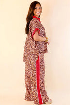 Brown leopard print two-piece set with contrast trim by Dear-Lover, includes top and matching pants in lightweight viscose fabric.