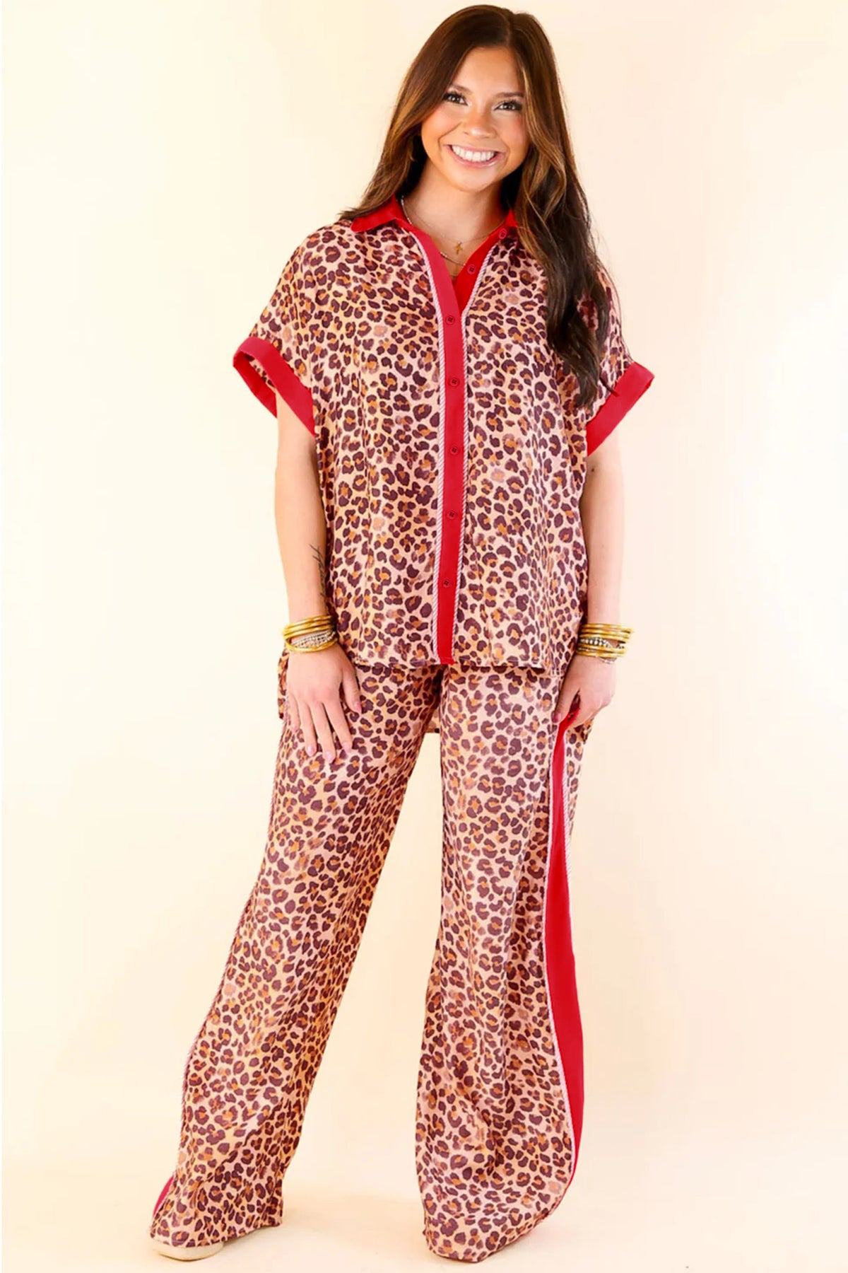 Brown leopard print top and pant set by Dear-Lover, two-piece viscose outfit with contrasting trim, stylish and comfortable.