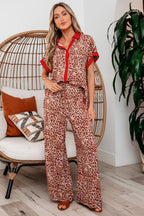 Brown contrast trim leopard print top and pant set by Dear-Lover, stylish two-piece viscose lounge or casual wear ensemble.