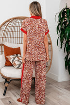 Brown leopard print top and pant set by Dear-Lover, two-piece viscose set with contrasting trim, stylish and comfortable.