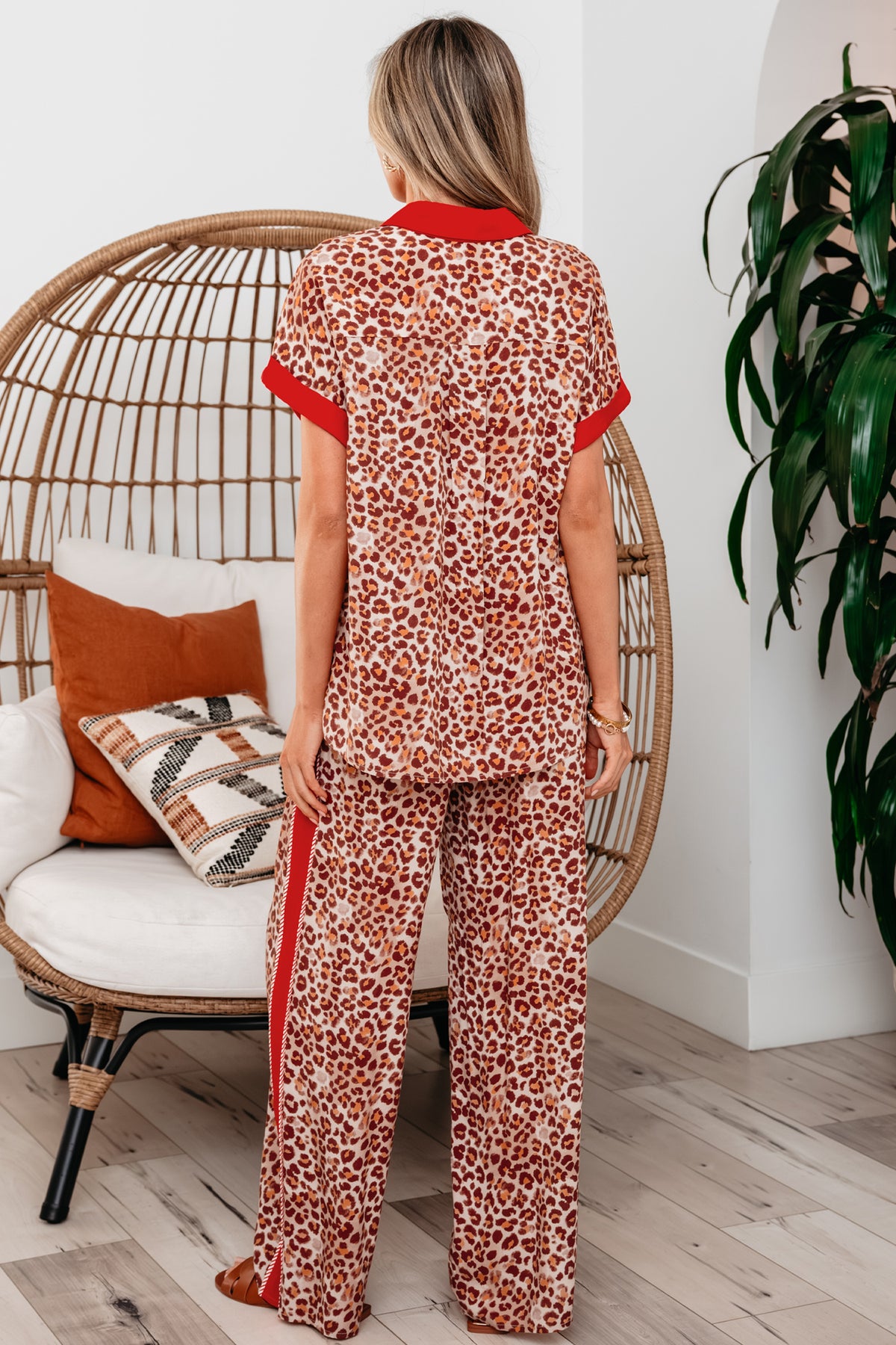 Brown leopard print top and pant set by Dear-Lover, two-piece viscose set with contrasting trim, stylish and comfortable.