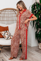 Brown leopard print two-piece set with contrast trim by Dear-Lover, featuring a top and matching pants in viscose fabric.