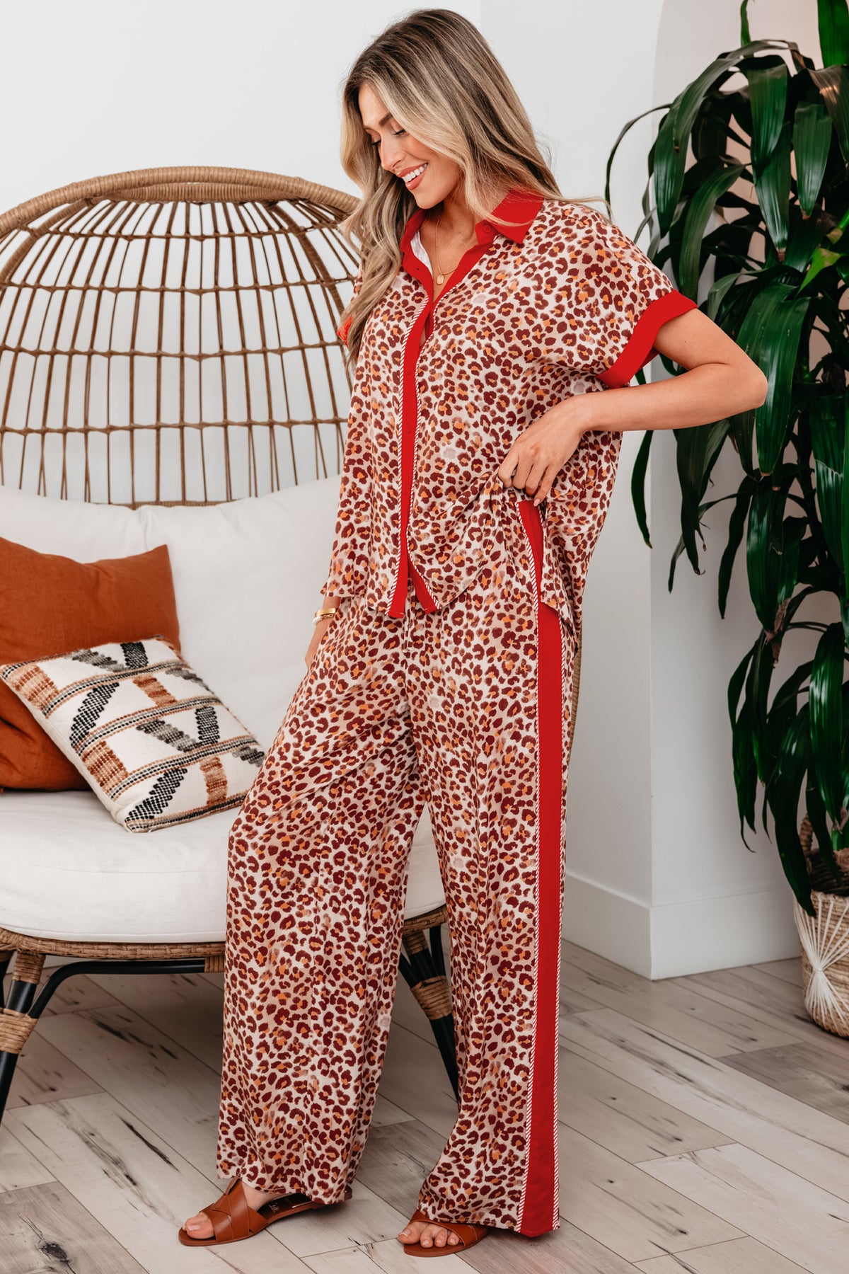 Brown leopard print two-piece set with contrast trim by Dear-Lover, featuring a top and matching pants in viscose fabric.