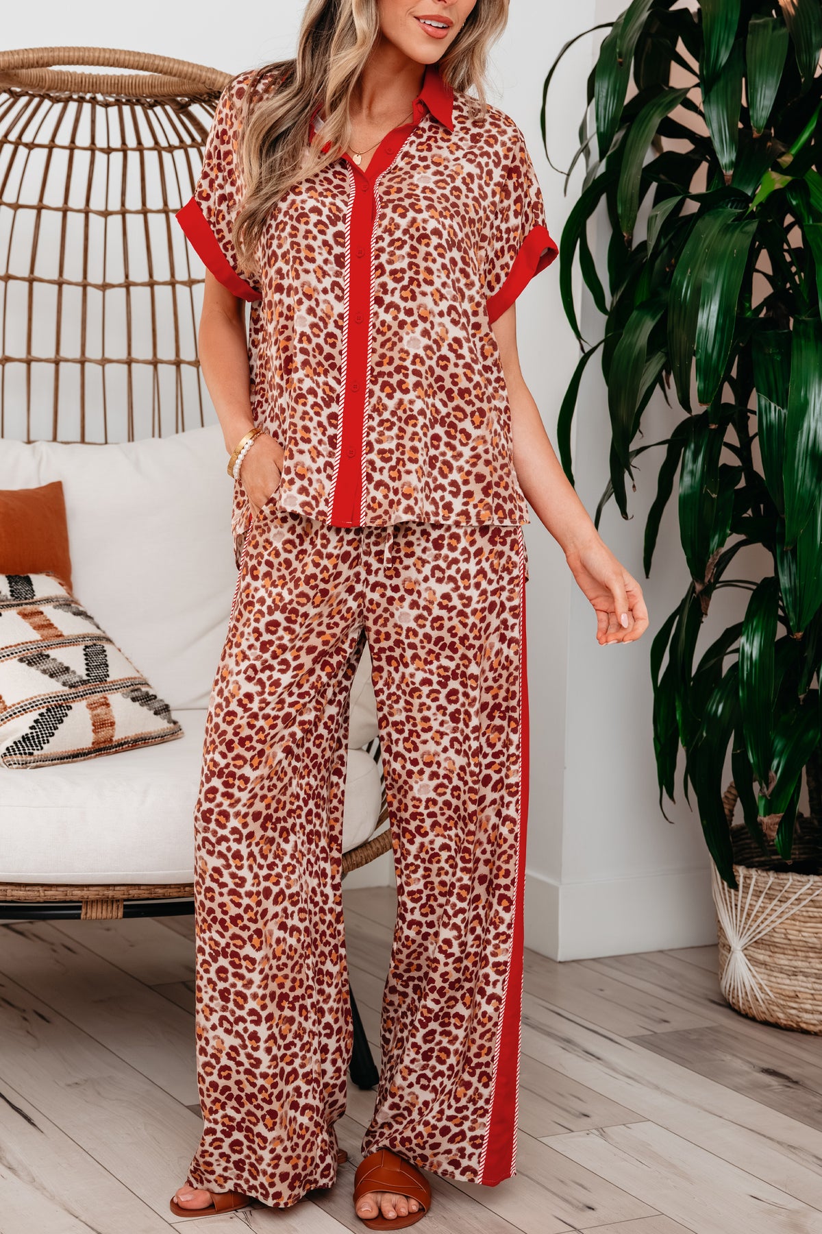 Brown leopard print top and pant set from Dear-Lover, featuring contrast trim in a stylish two-piece viscose outfit.