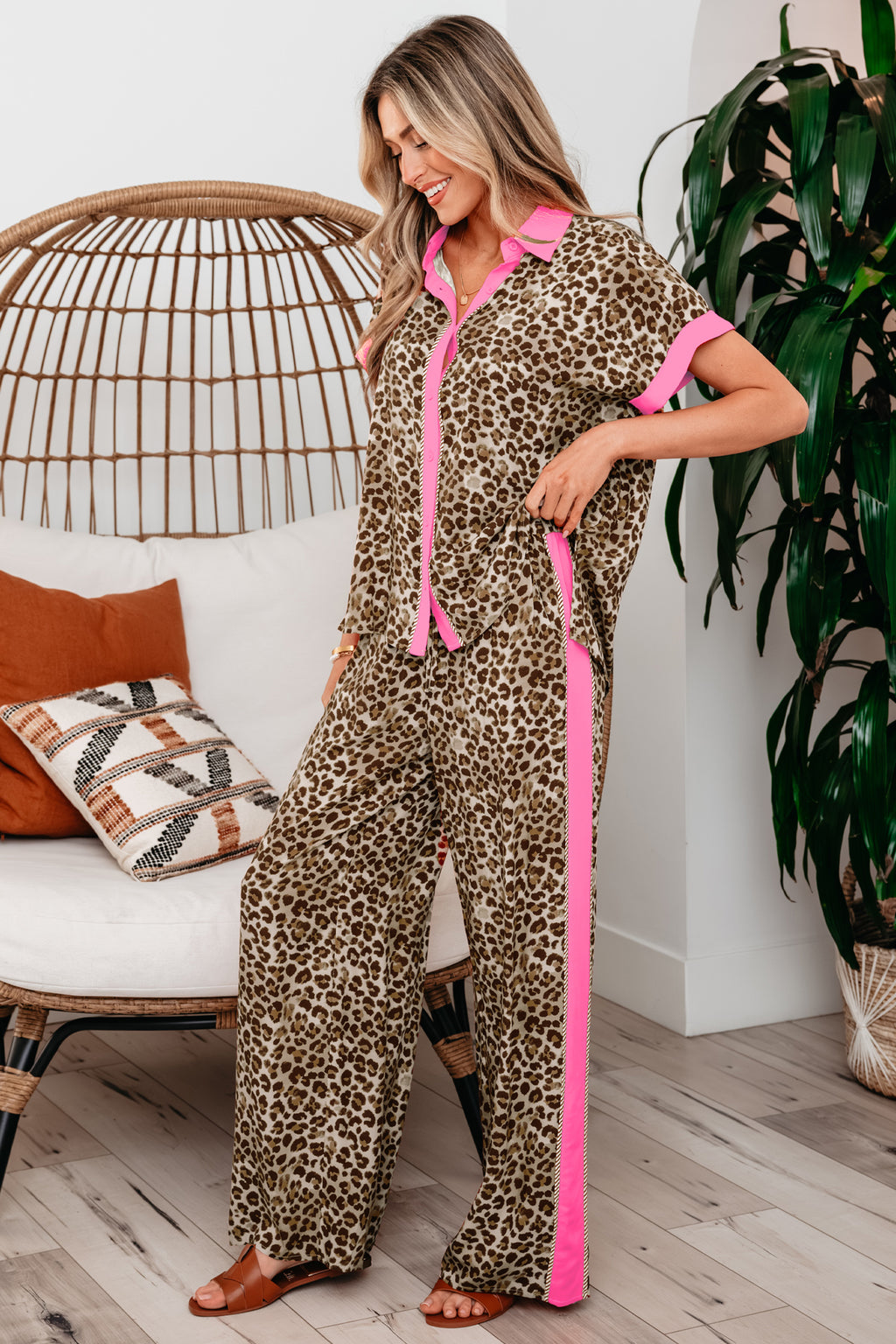 Brown leopard print two-piece set with contrast trim from Dear-Lover, includes top and pants in soft viscose fabric.