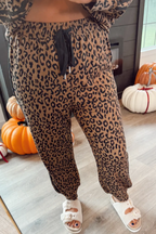 Brown varsity striped trim leopard long sleeve top and drawstring pants set by Dear-Lover Dropshipping, two-piece polyester and elastane outfit.