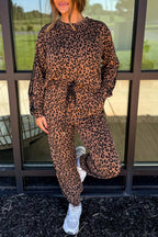 Brown varsity striped trim leopard print long sleeve top and drawstring pant set by Dear-Lover, two-piece polyester and elastane outfit.