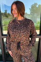 Brown varsity striped trim leopard long sleeve top and drawstring pants set from Dear-Lover, two-piece casual outfit.