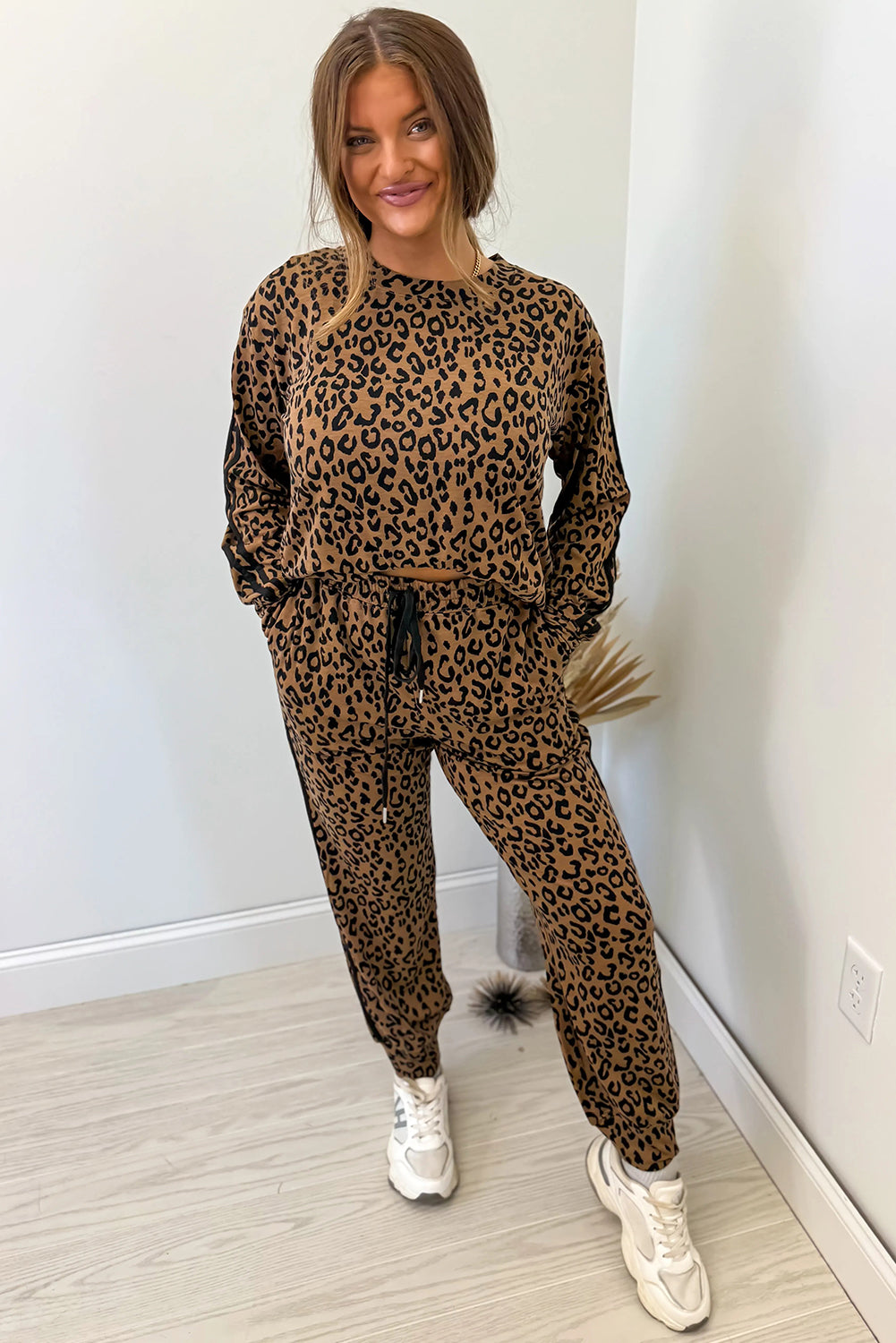 Brown varsity striped trim leopard long sleeve top and drawstring pants set by Dear-Lover, stylish two-piece polyester-elastane fabric.