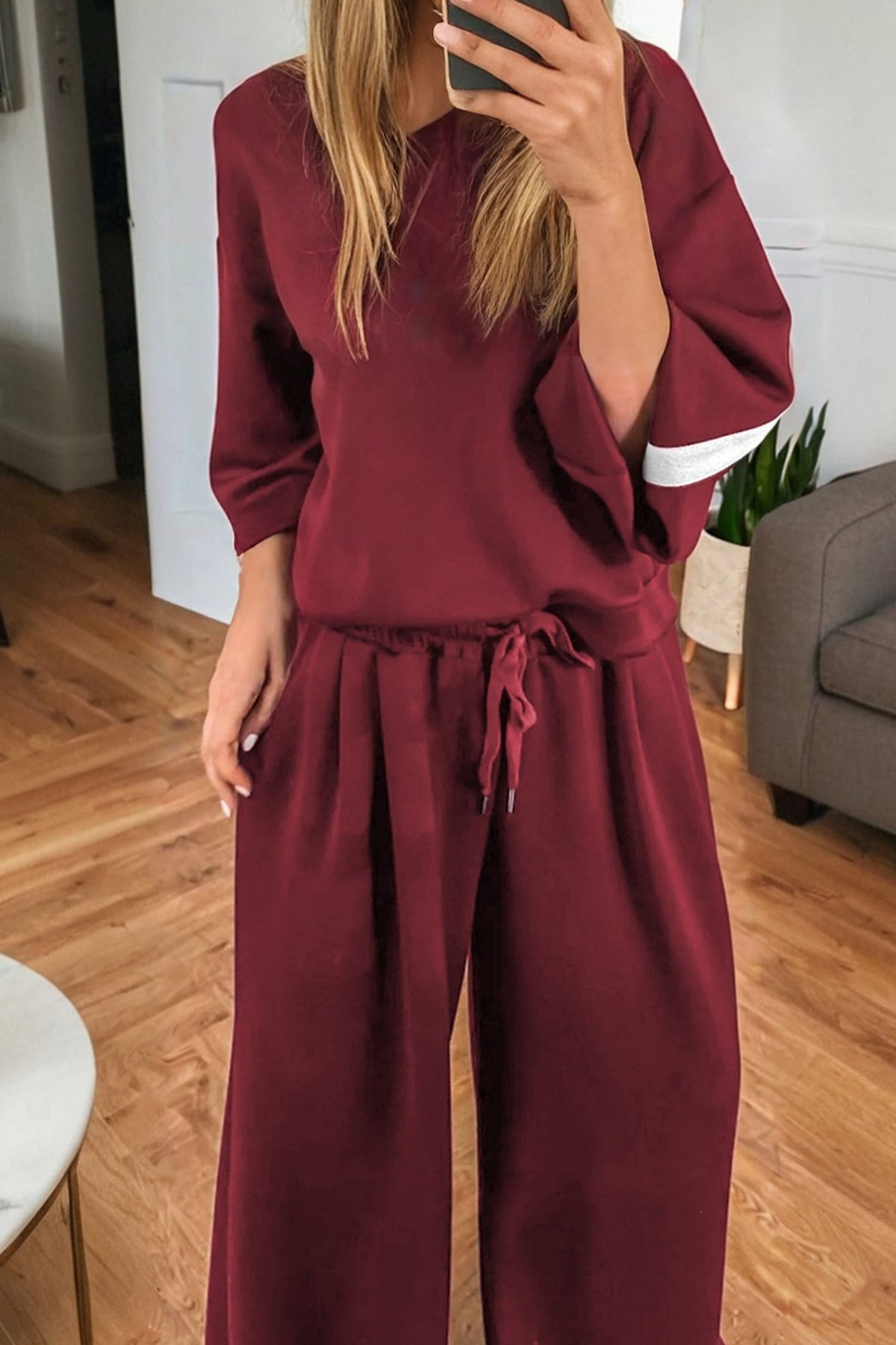 Burgundy varsity striped 3/4 sleeve pullover and drawstring sweatpants set by Dear-Lover Dropshipping, casual two-piece pant set.