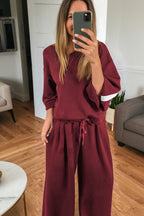 Burgundy varsity striped 3/4 sleeve pullover and drawstring sweatpants set by Dear-Lover Dropshipping, casual two-piece outfit.
