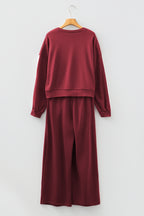 Burgundy varsity striped 3/4 sleeve pullover and drawstring sweatpants set by Dear-Lover, two-piece pant set, polyester cotton fabric
