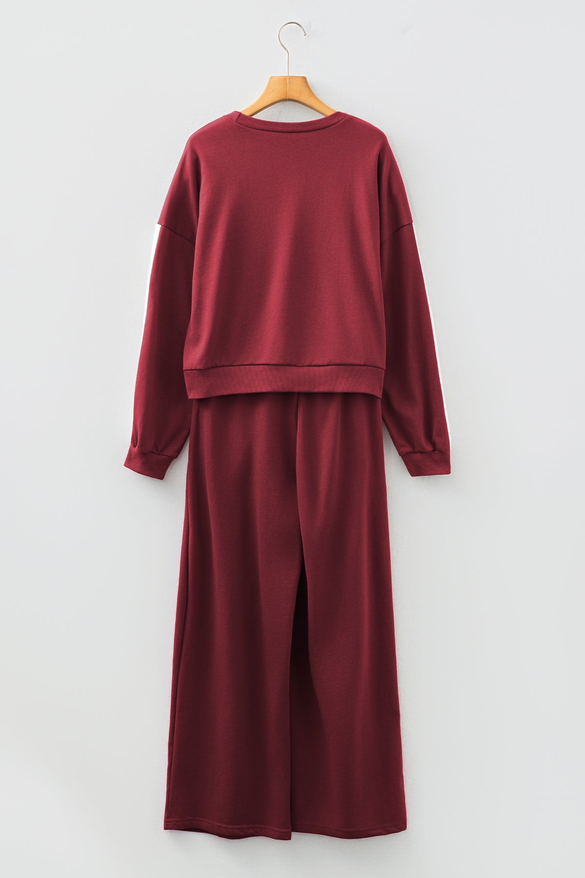 Burgundy varsity striped 3/4 sleeve pullover and drawstring sweatpants set by Dear-Lover, two-piece pant set, polyester cotton fabric