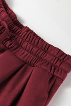 Burgundy varsity striped 3/4 sleeve pullover and drawstring sweatpants set by Dear-Lover, two-piece pant set in polyester and cotton.