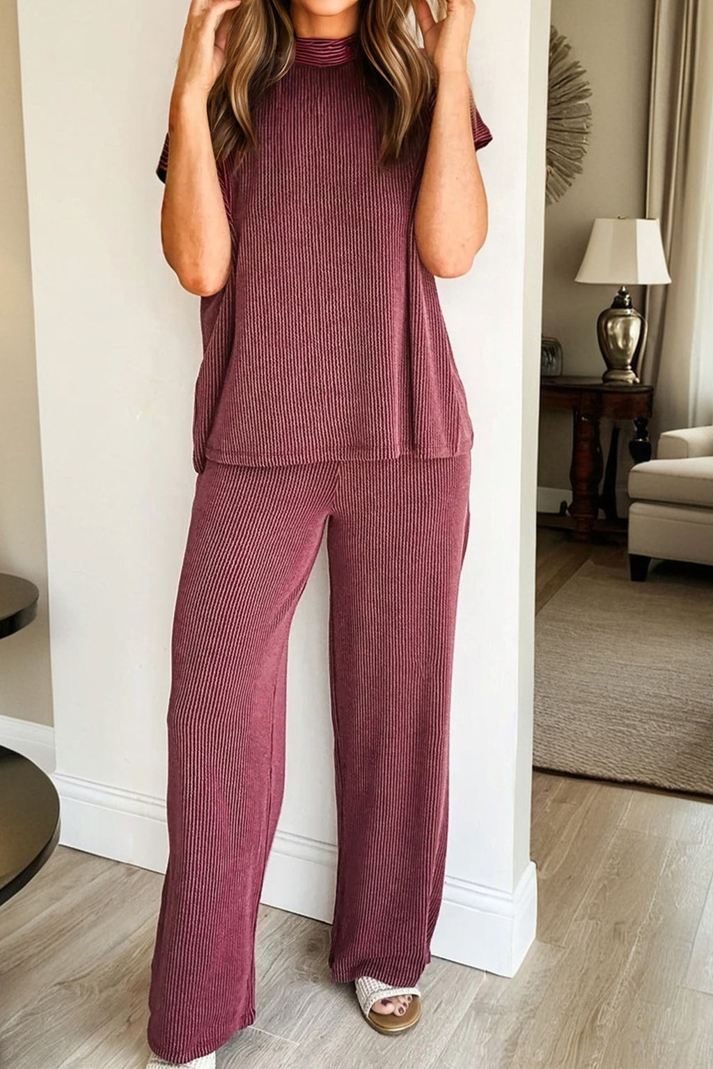 Burgundy twisted ribbed high-neck loose tee and elastic high-waist loose pants two-piece set by Dear-Lover Dropshipping.