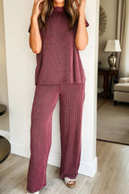 Burgundy twisted ribbed high-neck loose tee and elastic high-waist loose pants two-piece set by Dear-Lover Dropshipping.