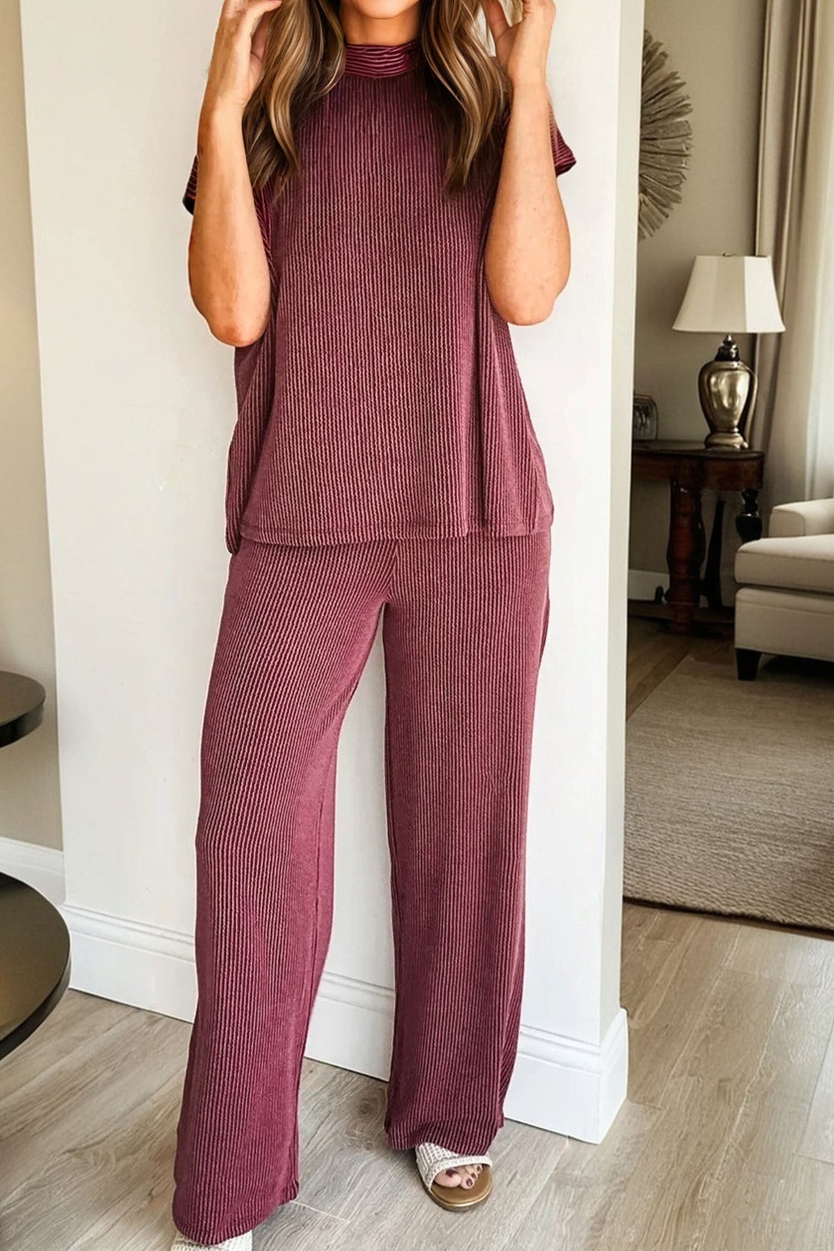 Burgundy twisted ribbed high-neck loose tee and elastic high-waist loose pants two-piece set by Dear-Lover Dropshipping.