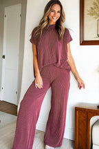 Burgundy twisted ribbed high neck loose tee with elastic high waist loose pant set by Dear-Lover, two-piece casual outfit.