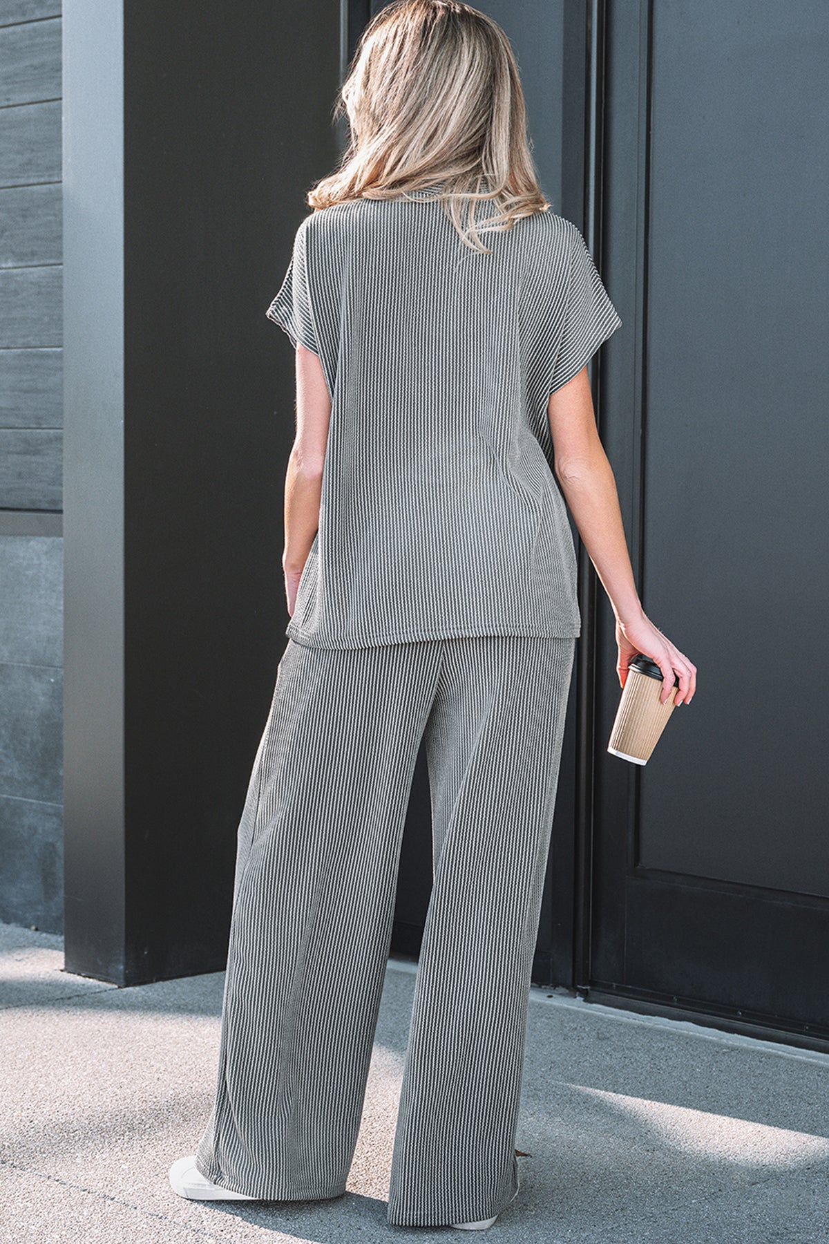 Burgundy twisted ribbed high neck loose tee with elastic high waist loose pants set by Dear-Lover, two-piece modern casual outfit