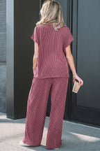 Burgundy twisted ribbed high-neck loose tee and elastic high-waist loose pant set by Dear-Lover, two-piece fashion ensemble.