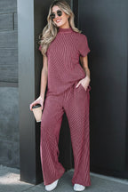 Burgundy twisted ribbed high-neck loose tee and elastic high-waist loose pant set by Dear-Lover, two-piece fashion ensemble.