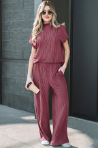 Burgundy twisted ribbed high-neck loose tee with elastic high-waist loose pants, Dear-Lover two-piece set in polyester, viscose, elastane.