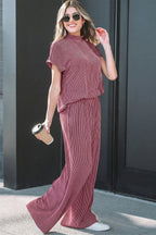 Burgundy twisted ribbed high neck loose tee and elastic high waist loose pant set by Dear-Lover, two-piece fashion ensemble.