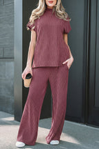 Burgundy twisted ribbed high neck loose tee and elastic high waist loose pants set by Dear-Lover, made of polyester, viscose, and elastane.
