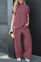 Burgundy twisted ribbed high neck loose tee with elastic high-waist loose pants, Dear-Lover two-piece set in polyester, viscose, elastane.