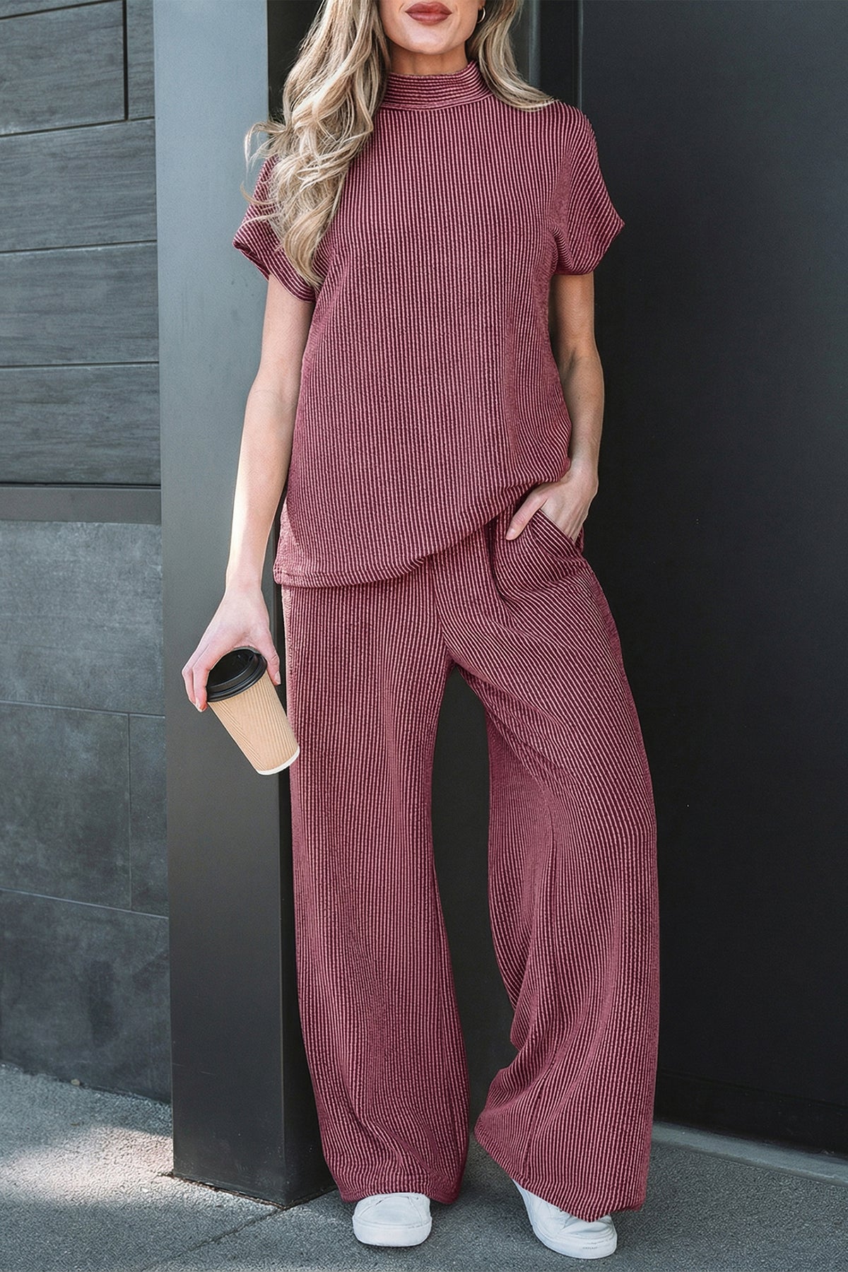 Burgundy twisted ribbed high neck loose tee with elastic high-waist loose pants, Dear-Lover two-piece set in polyester, viscose, elastane.
