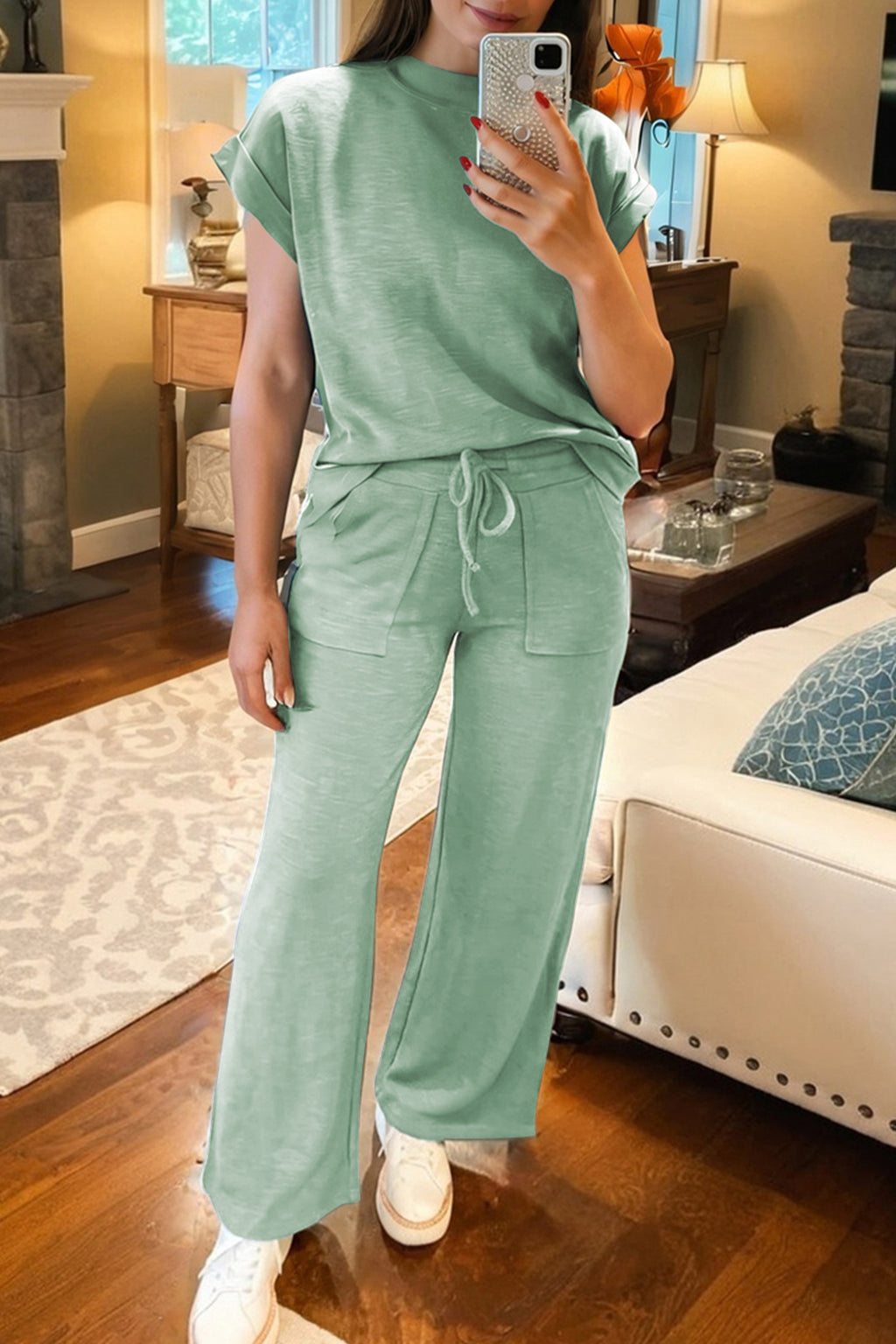 Dear-Lover two-piece set with a Canton cuffed short sleeve tee and drawstring pants, featuring raw seams and patch pocket details.