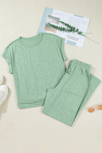 Dear-Lover two-piece set with cuffed short sleeve tee and drawstring pants, featuring raw seams and patch pockets, in polyester-cotton fabric.