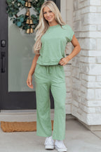 Dear-Lover two-piece set with cuffed short sleeve tee and drawstring patch pocket pants in polyester-cotton blend.