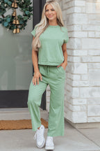 Dear-Lover Canton two-piece set with cuffed short sleeve tee and drawstring patch pocket pants in polyester-cotton blend.