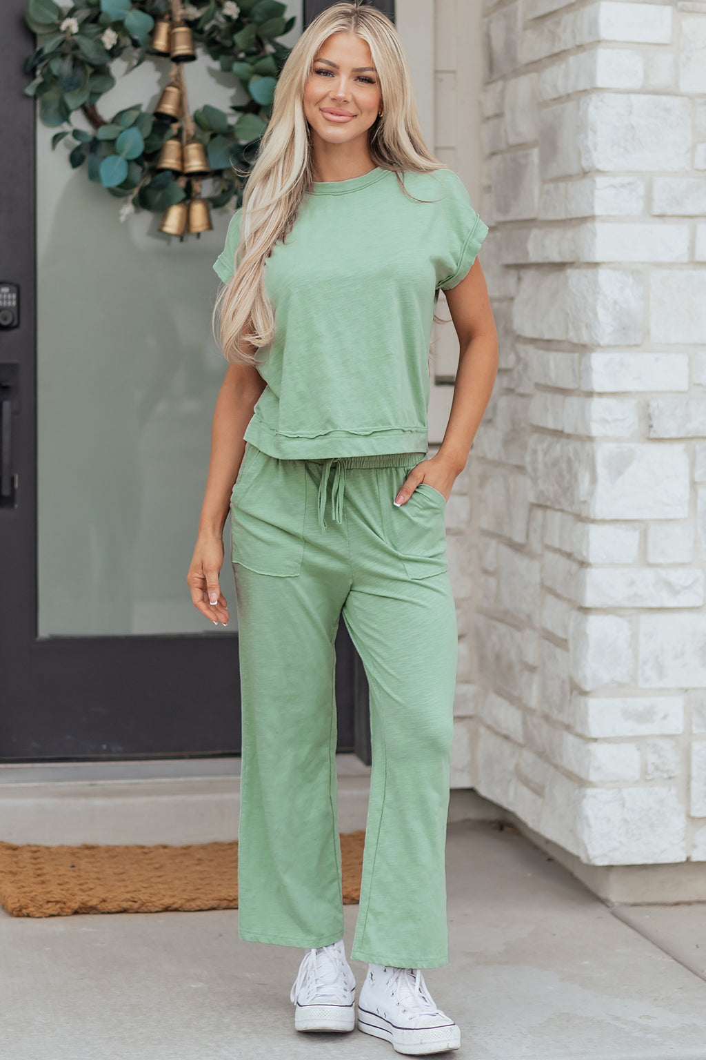 Dear-Lover cotton-polyester two-piece set with cuffed short sleeve tee and drawstring patch pocket pants, casual style.