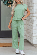 Dear-Lover two-piece set with a short sleeve tee and drawstring pants, featuring raw seams and patch pockets in polyester-cotton fabric.
