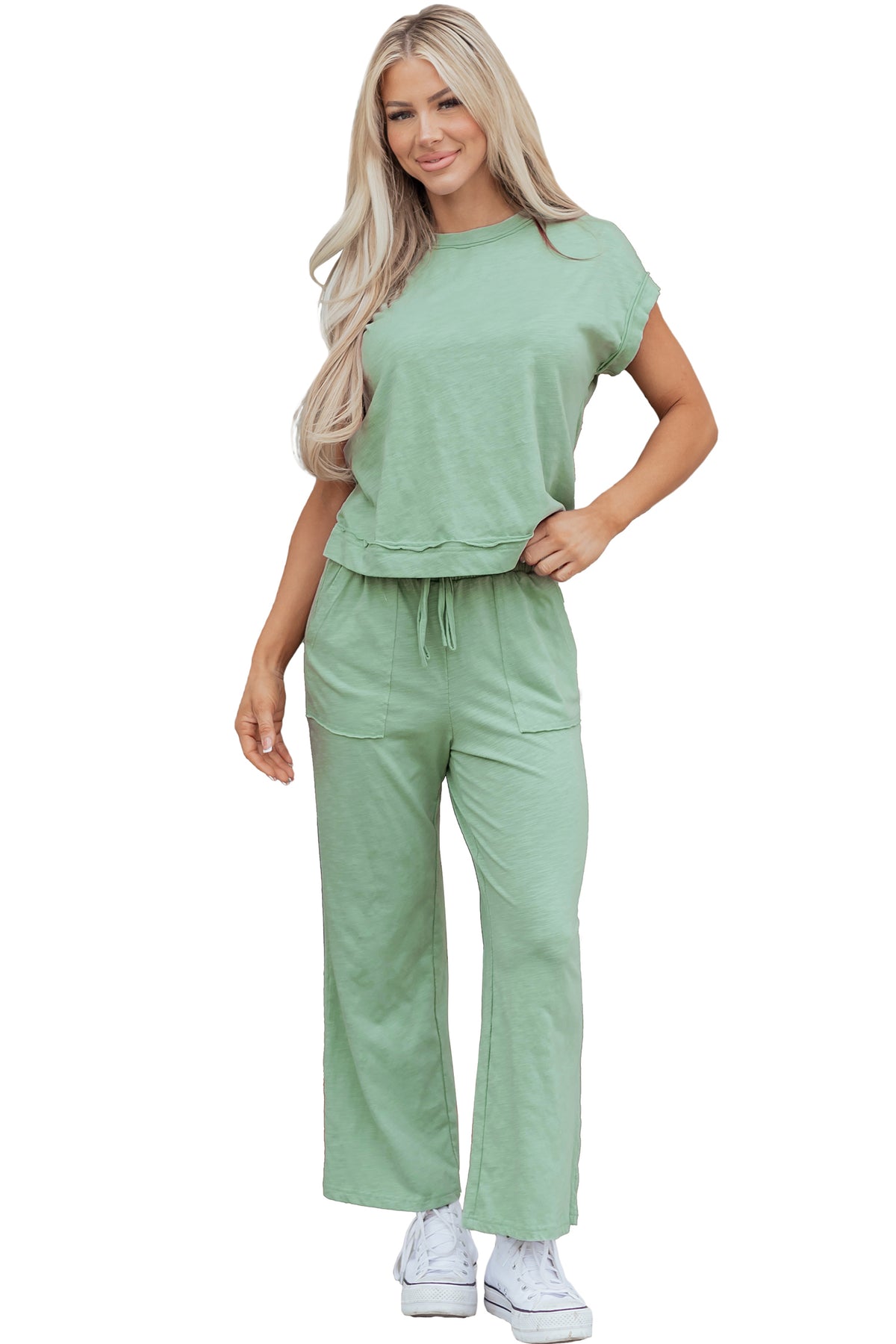 Dear-Lover two-piece set featuring a Canton cuffed short sleeve tee with raw seam patch pocket and drawstring pants.