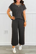 Carbon Grey Leopard Patchwork Twisted Rib T-Shirt and Cropped Pants Set by Dear-Lover, featuring patchwork design and comfortable fit.